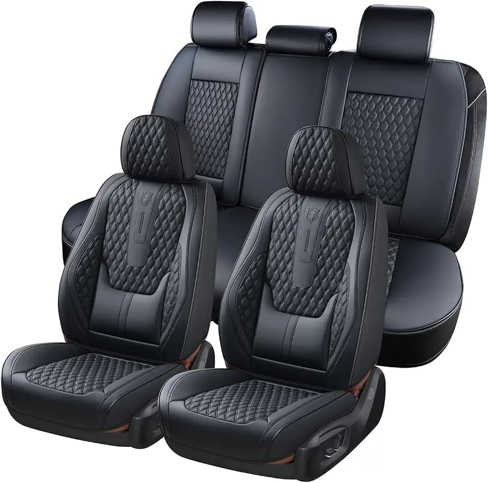 Coverado Car Seat Covers Full Set, Black Seat Covers for Car with Lumbar Support, Nappa Leather Seat Covers Waterproof Car Seat Protectors Universal Fit for Most Cars SUV Trucks