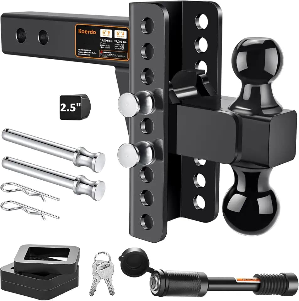 Adjustable Trailer Hitch Fits 2.5" Receiver, Drop Hitch & Tow Hitch with 6-Inch Drop/Rise, 2" & 2-5/16" Dual Ball Hitches for Trucks, 22,000 lbs GTW, Trailer Hitches with Anti-Theft Pin, Black