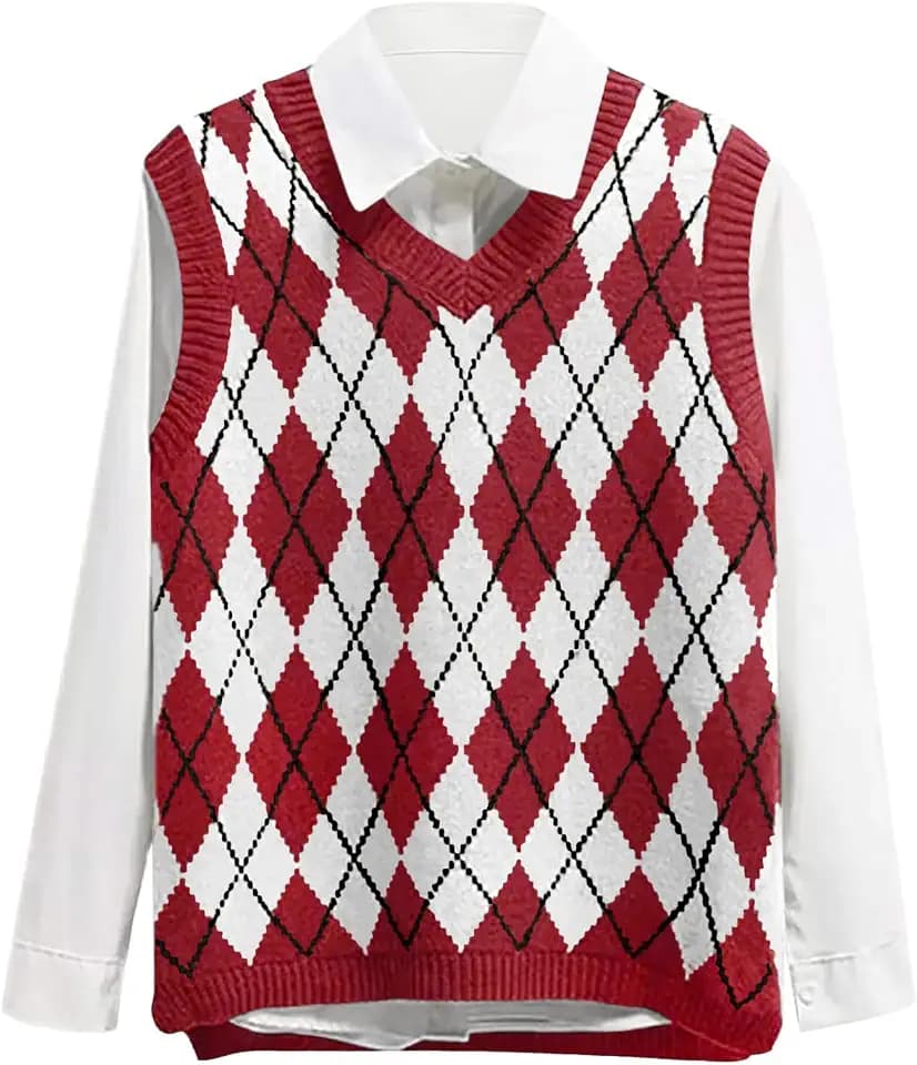 Lailezou Women's Argyle Sweater Vest Sleeveless V Neck Crop Knitwear Tank