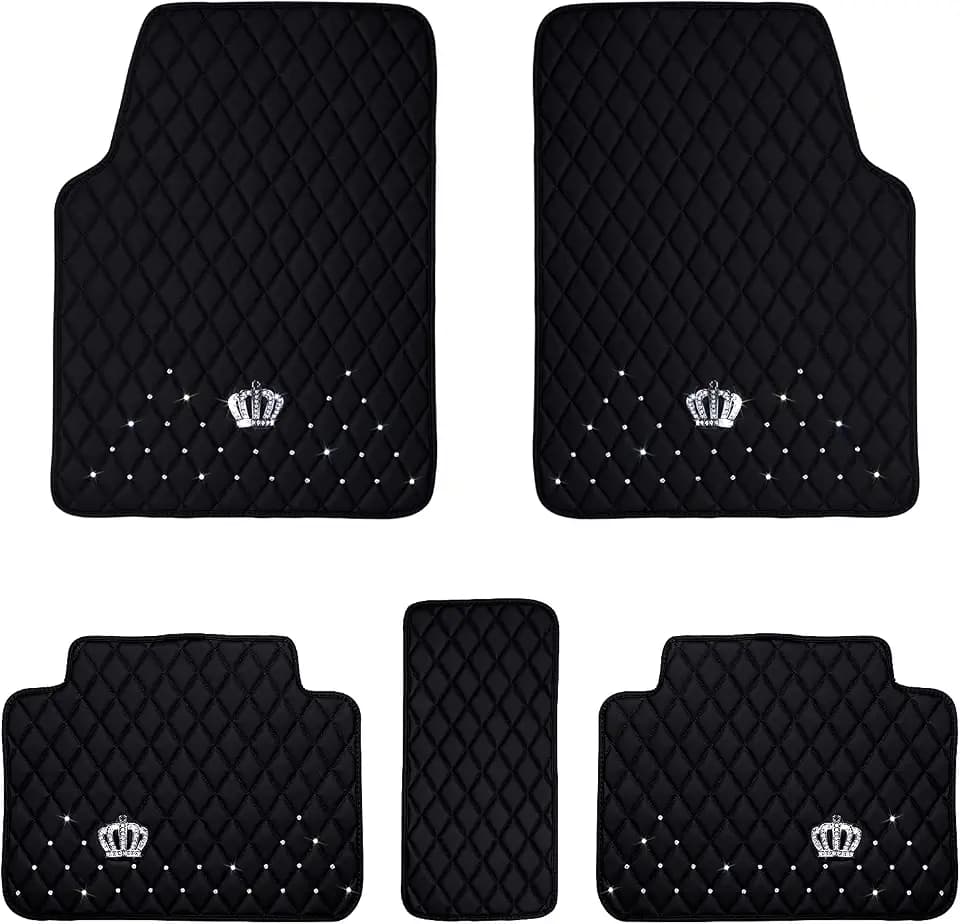 eing Allwetter-Fußmatten aus PU-Leder, für Auto, SUV und Lkw, 5 Stück pro Set (vorne und hinten), robuster Schutz, mit Kronenmotiv, Auto-Bodenkissen, Schwarz