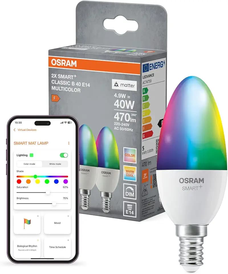 Osram SMART+ Kerze mit Matter over Wifi, Vorteilspack mit 2 Stück, E14-Sockel, 9W, 16 Mio RGB-Farben, warmweiß-tageslichtweiß (2700-6500K), funktioniert mit Alexa, Google und Apple, 2er-Pack
