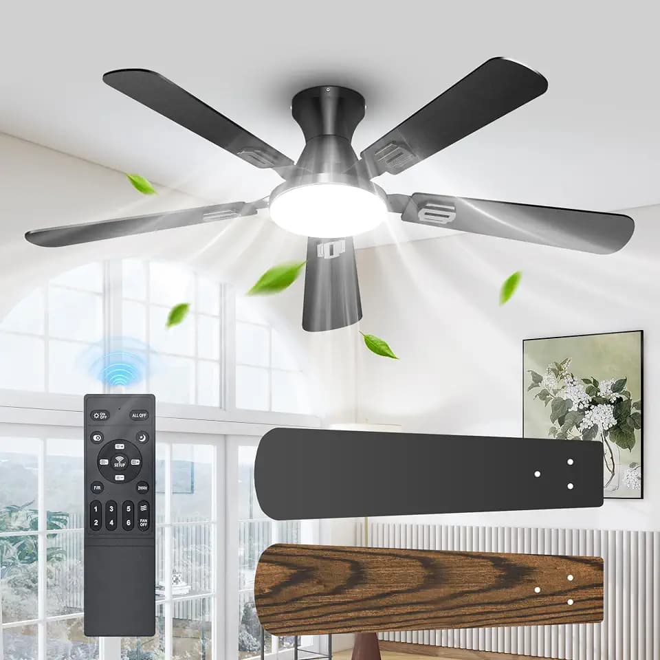 UME 52" Ceiling Fan with Lights, Remote Control, Flush Mount, Black/Wood