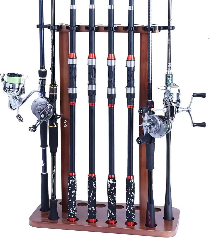 VEYWANE Fishing Rod Storage Racks, 100% Wood Floor Stand Fishing Pole Holders for Garage of 14 Rods or Combos