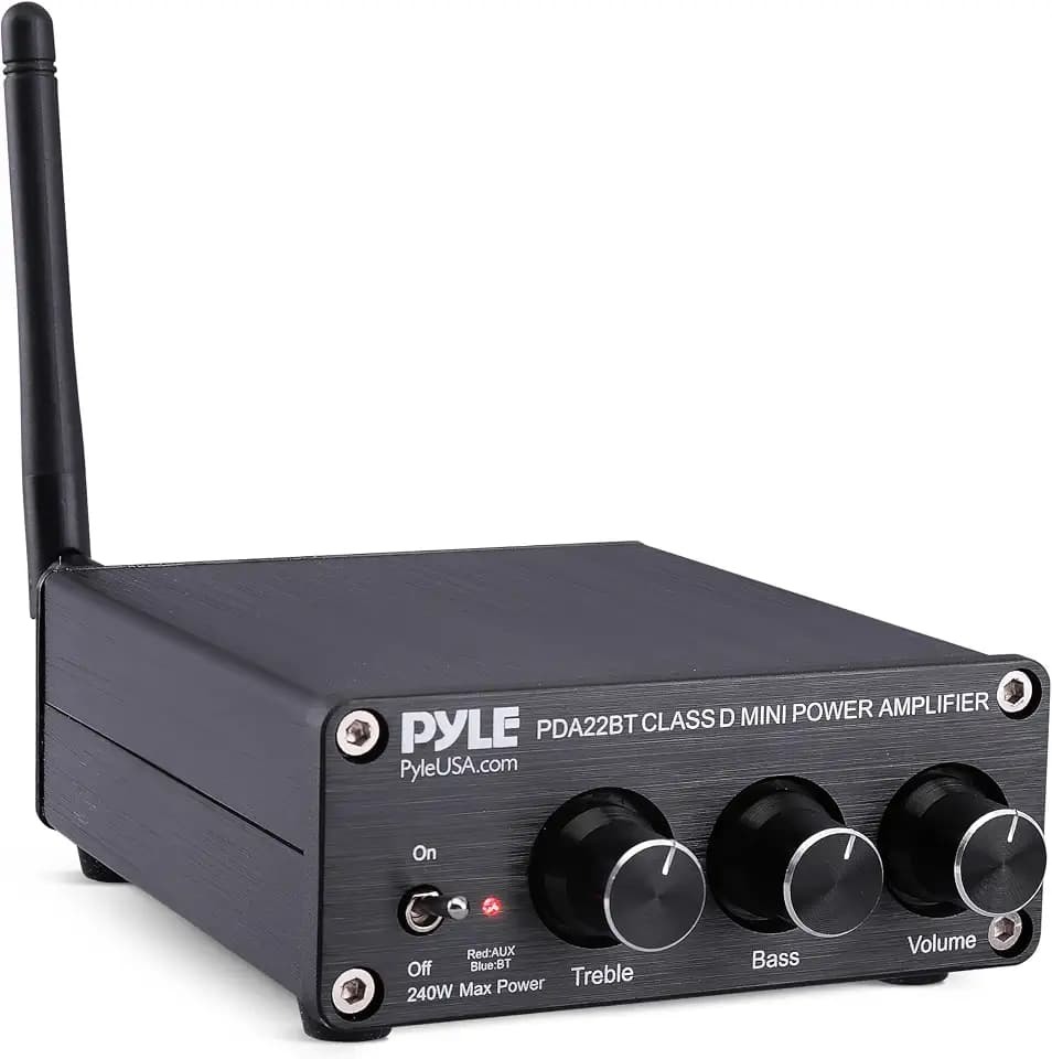 Pyle 240W Mini Bluetooth Home Stereo Amplifier - 2 Channel Compact Micro Receiver with Bass & Treble Control Dials - Includes Power Supply - Use with Passive Speakers for Indoor - Garage - Desktop