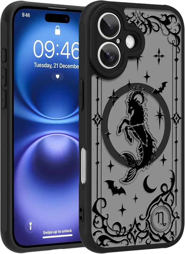 Phone Case for iPhone 16 Plus, Black (Capricorn)