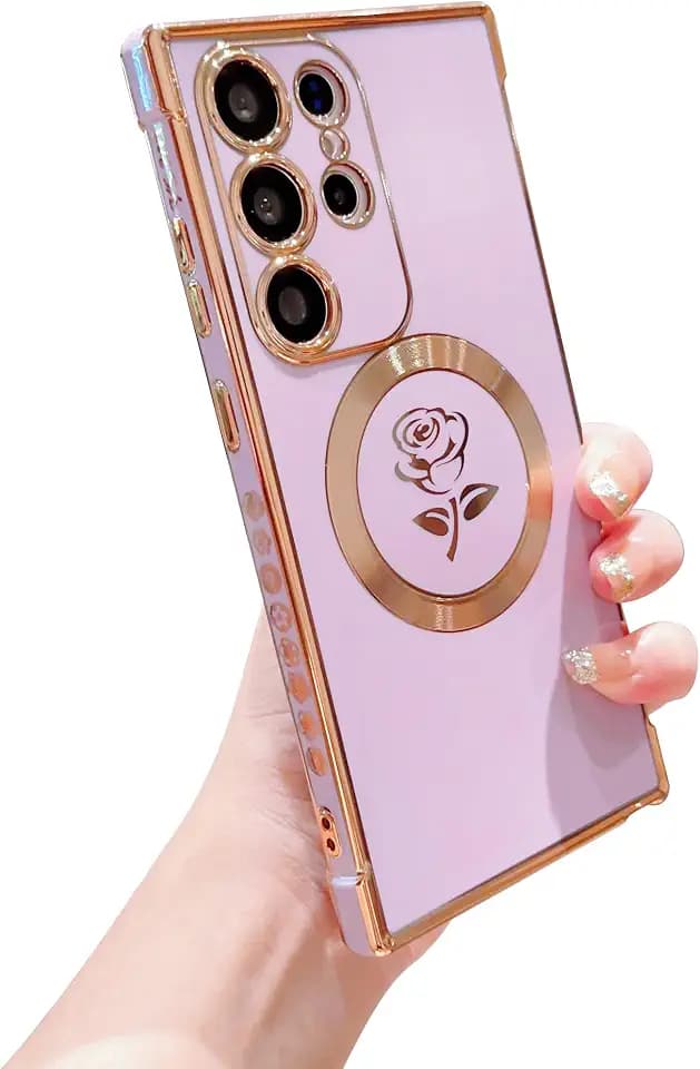 phylla Magnetic Phone Case for Samsung Galaxy S23 Ultra [ Compatible with MagSafe ] Luxury Plating Elegant Rose Flower Protective Cover for Women Soft Shockproof Cute Side Pattern Bumper (Purple)