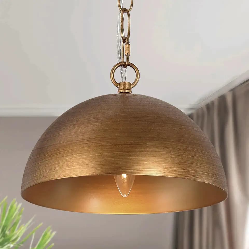 LALUZ 10" Large Dome Pendant Light, Antique Brushed Gold Pendant Lights Kitchen Island Modern Metal Adjustable Hanging Light Fixtures for Dining Room Bedroom Hallway