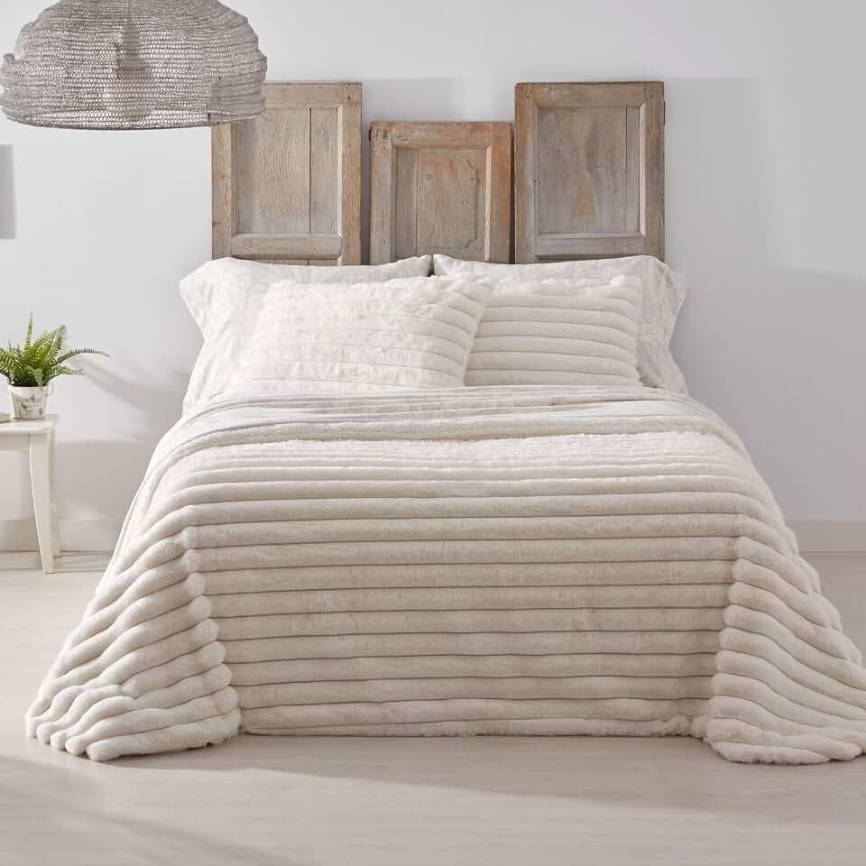Burrito Blanco Winter-Tagesdecke mit Lammfell | Bett von 135 cm (+ verfügbare Größen) | Design 438 | Cremefarben (230 x 260 cm)