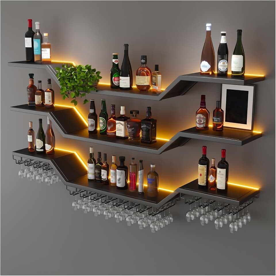 31.5"Modern LED Wine Rack Wall Mounted,3-Tier Floating Bar Shelves