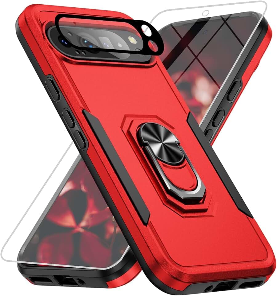 for Google Pixel 9 Pro XL Case [15 FT Military Grade Drop Protection] with Screen Protector & Lens Protector Heavy-Duty Shockproof Kickstand Case for Pixel 9 Pro XL (Red)