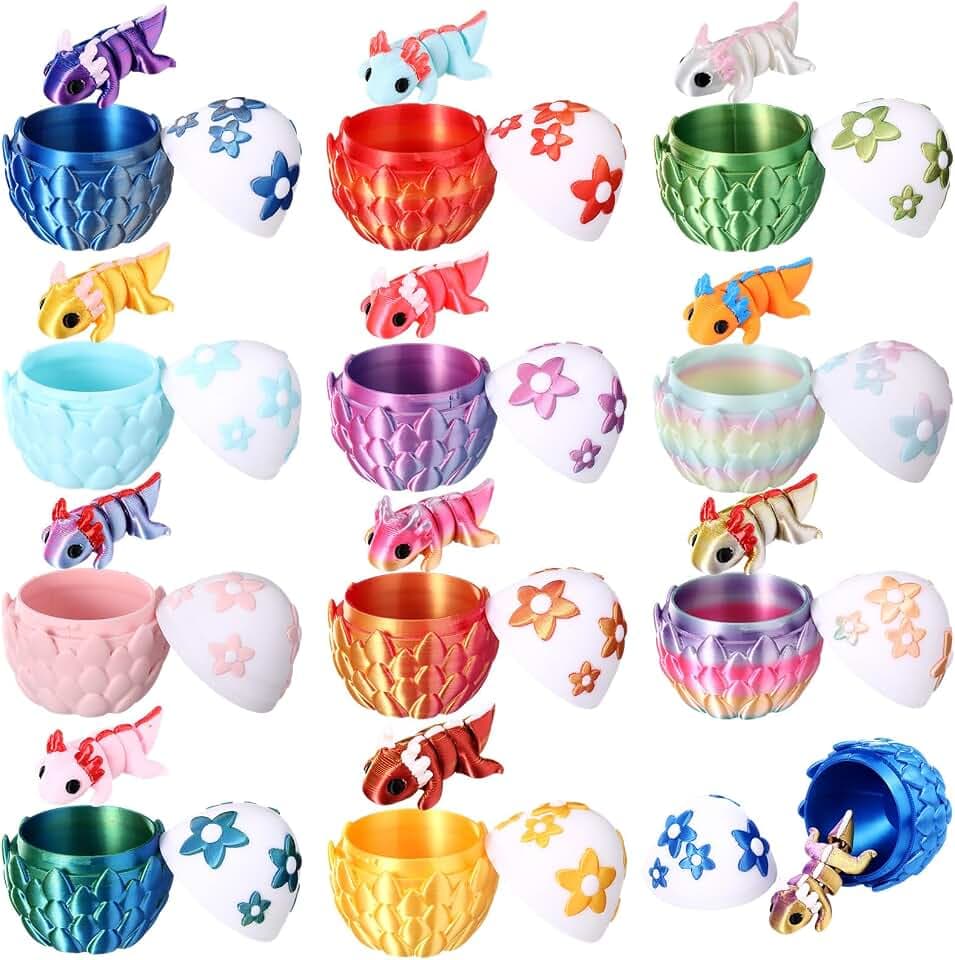Honoson 12 Set 3D Printed Animals with Dragon Eggs 3D Printed Dragon Eggs Flexible Articulated Mini Animal Figurines Desk Pets for Party Favor Home Decor Easter Basket Stuffers(Flowers-Axolotl)
