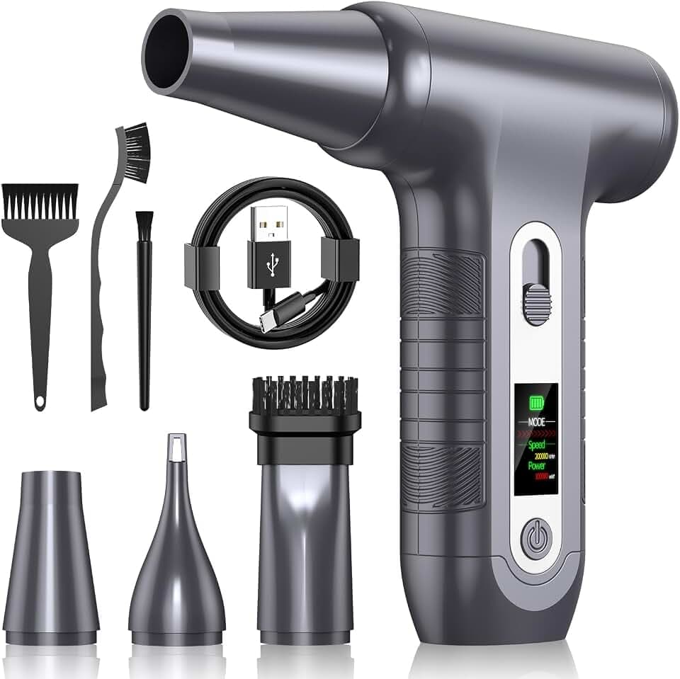 Elektrische Staubgebläse mit HD-Display - Electric Air Duster 200000 RPM mit LED-Licht, Mini-Gebläse mit Akku, Druckluftspray PC Reinigung, Luftgebläse für Tastatur, Haus, Outdoor, Auto, W06, Silber