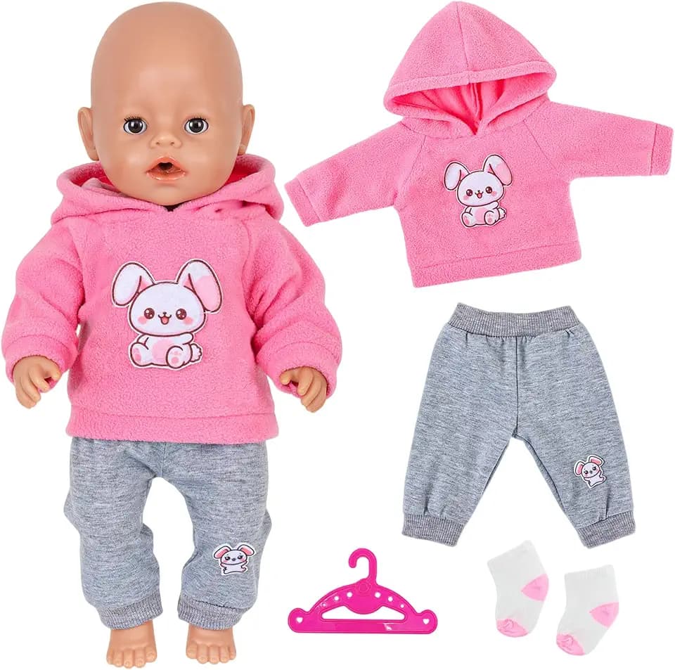 18 Inch Puppenkleidung 43cm Rosa Hase 12-18 Zoll Baby Puppen Enthält 1 Kapuzen-Sweatshirt 1 Graue Hose 1 Socken 1 Kleiderbügel für 30-45cm Puppen Zubehör Kinder Geschenk