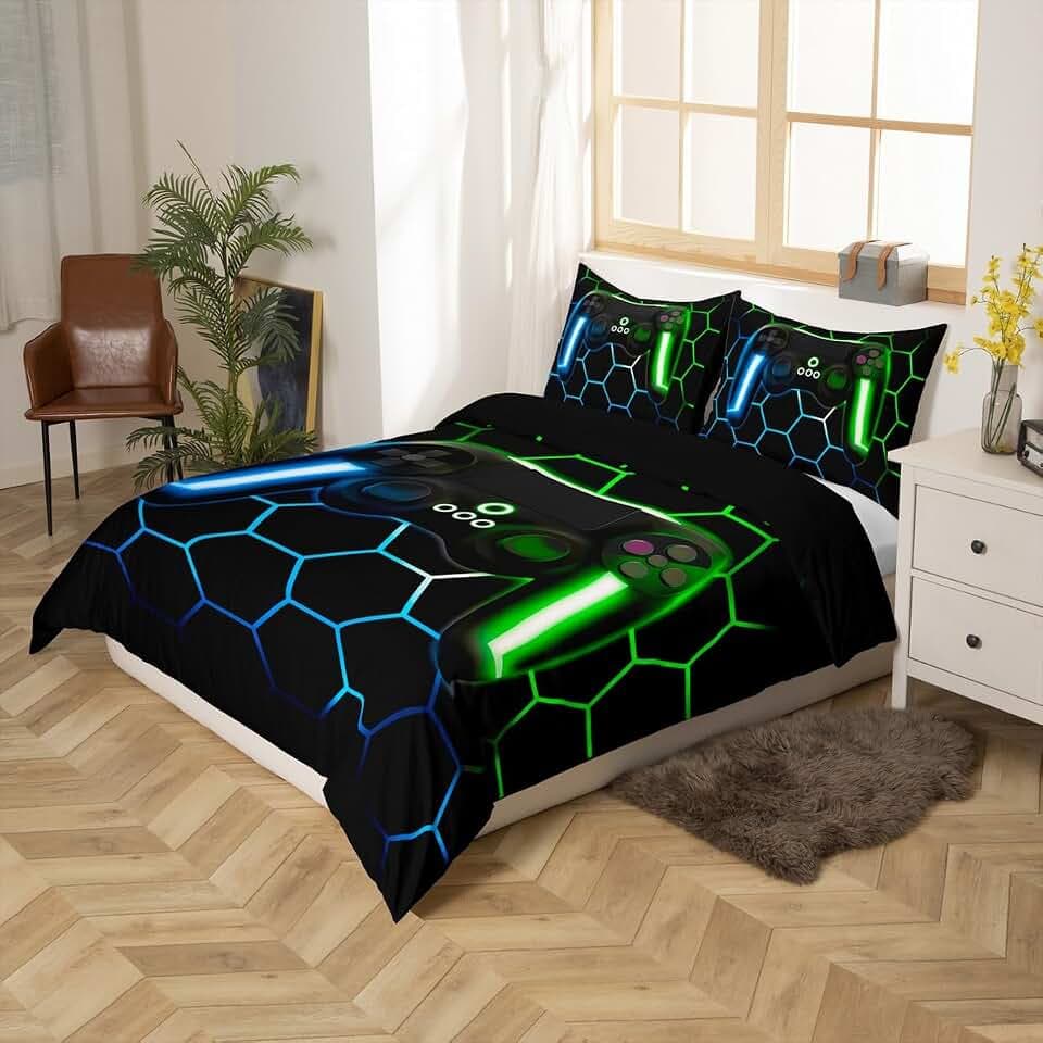 Homewish Spielen Bettbezug für Jungen Spielcontroller Bettbezug Kinder glitzerndes Gamepad Bettwäsche Set für glitzerndes geometrisches Wabenmuster Spieler Bettbezug, 1 Kissenbezug, 135 x 200 cm