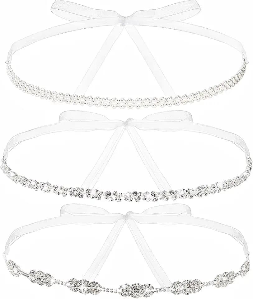 Tlence 3 Pack Rhinestone Bridal Belts, Crystal Sash with White Ribbon, Thin Pearl Wedding Belt, Handmade Diamond Waist Accessories for Women Bride Bridesmaid Gown Party Prom