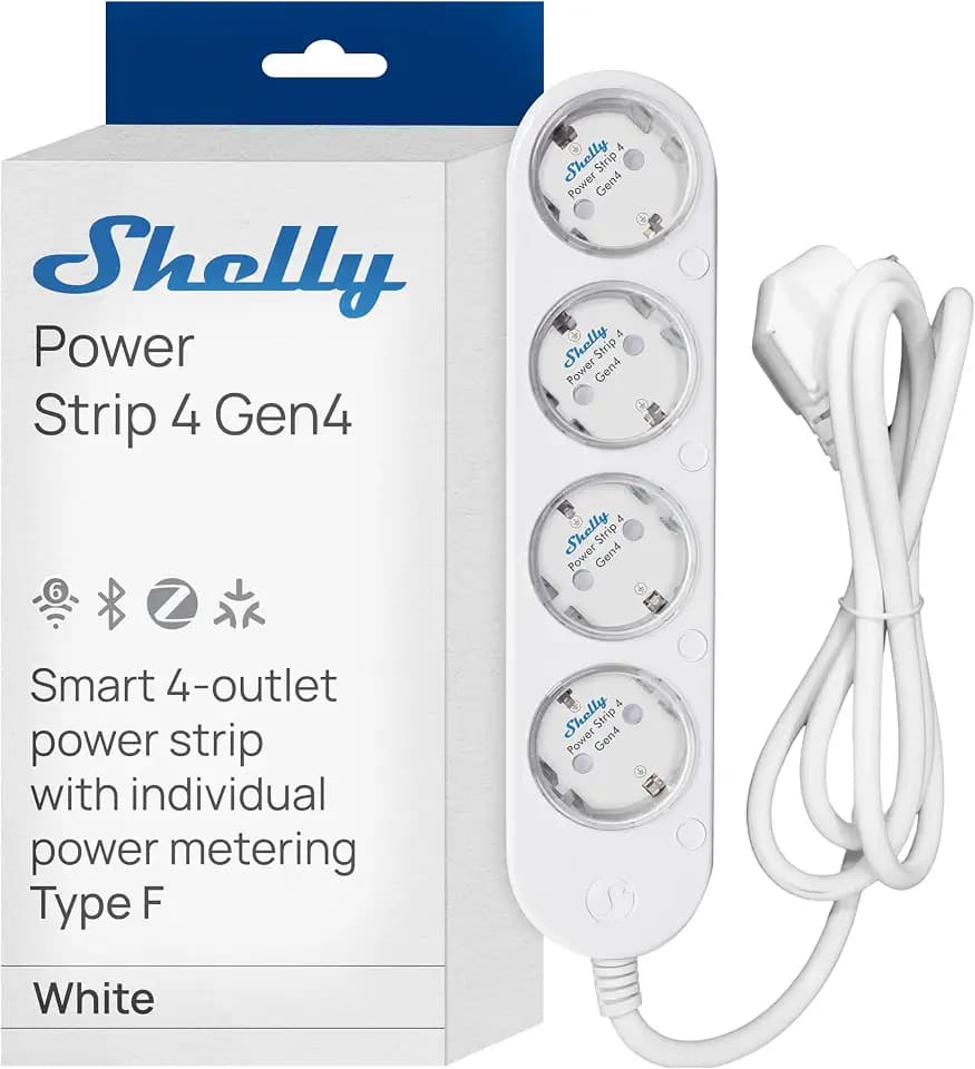 Shelly Power Strip 4 Gen4 Weiß - Matter & WLAN Mehrfachsteckdose, 4 Fach Smarte Steckdosenleiste, Leistungsmessung, 16A Total, 3500W, Zeitschaltuhr, Zigbee, Google, Alexa, Apple, Kein Hub Erforderlich
