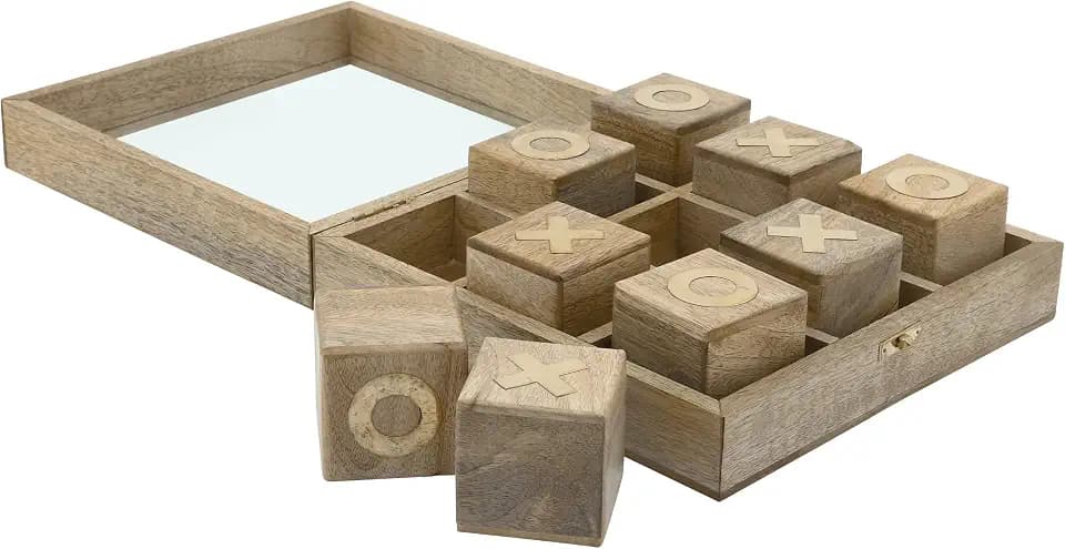 Tic Tac Toe Game Set - Handmade Wooden Board Game with Brass Inlay - Mango Wood & Glass - Casual Home Decor - Classic Strategy Game for Home, Office, Living Room - 3" Brown