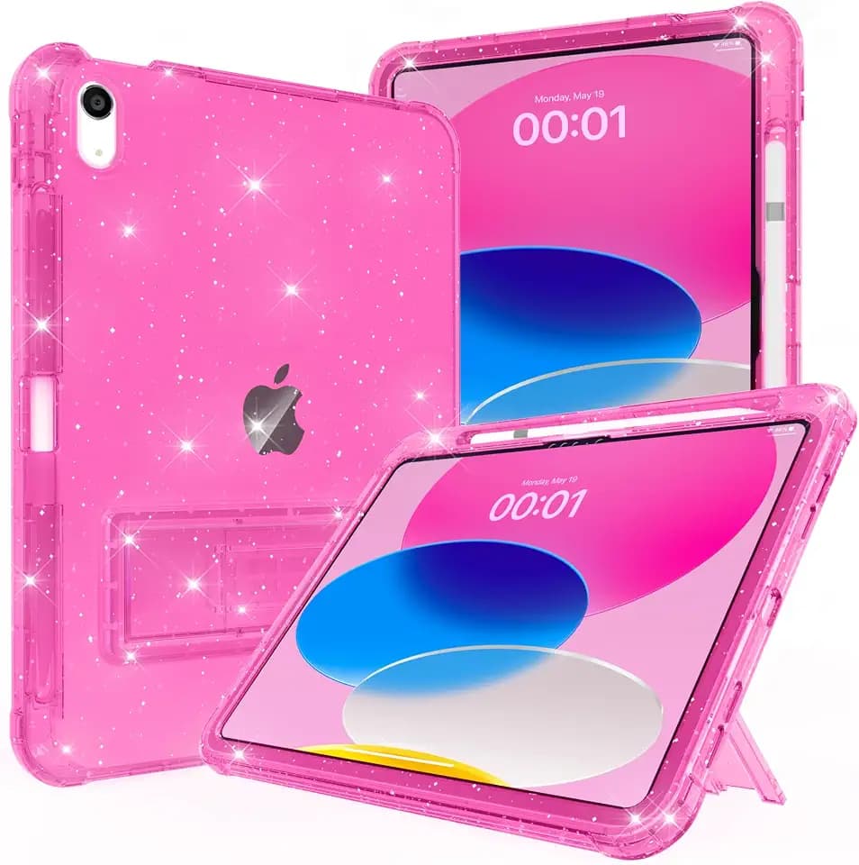 Case for iPad A16 11-inch 11th Generation, iPad 10th Generation Case 10.9 Inch, Pencil Holder & Kickstand - Slim, Glittery and Shockproof Bumper for Women and Girls, Rosered Glitter