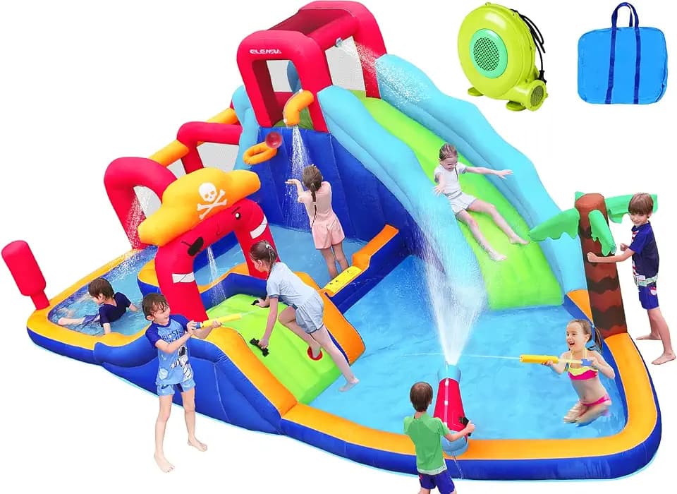 ELEMARA 10 in 1 Inflatable Water Slide, Inflatable Water Park with Blower, 2 Slides & 2 Climbing Walls & 2 Water Guns, Deep＆Splash Pool, Water Slides for Kids Backyard for 6