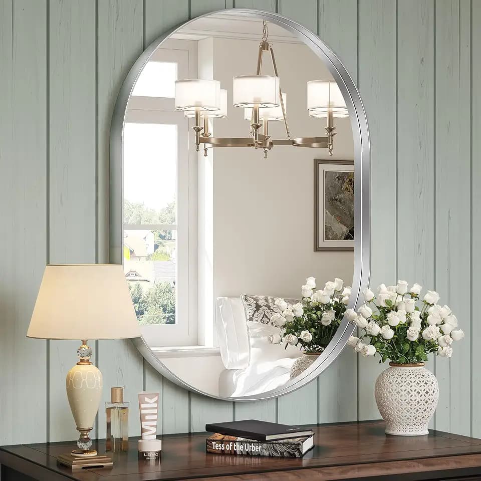 Brightify Silver Oval Mirror for Bathroom 20x33 Inch, Metal Framed Bathroom Vanity Silver Mirrors, Modern Pill Shape Mirror for Bedroom Living Room Wall Decorative Hang Vertical and Horizontal