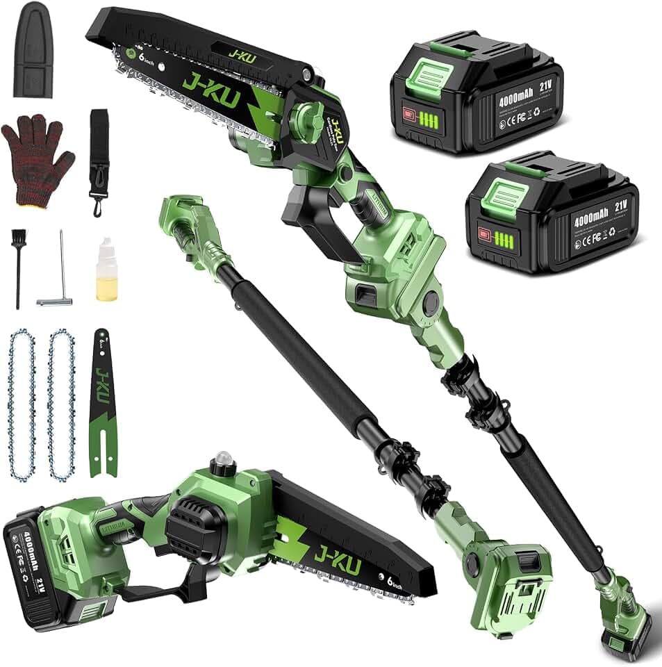 J-KU 2-in-1 Akku Teleskop Hochentaster, 6 Zoll Mini Kettensäge mit 2×4.0Ah Akkus & Ladegerät, Bürstenloser Motor, bis 4,8m Arbeitshöhe, Akku-Astsäge für Baumpflege und Gartenarbeit