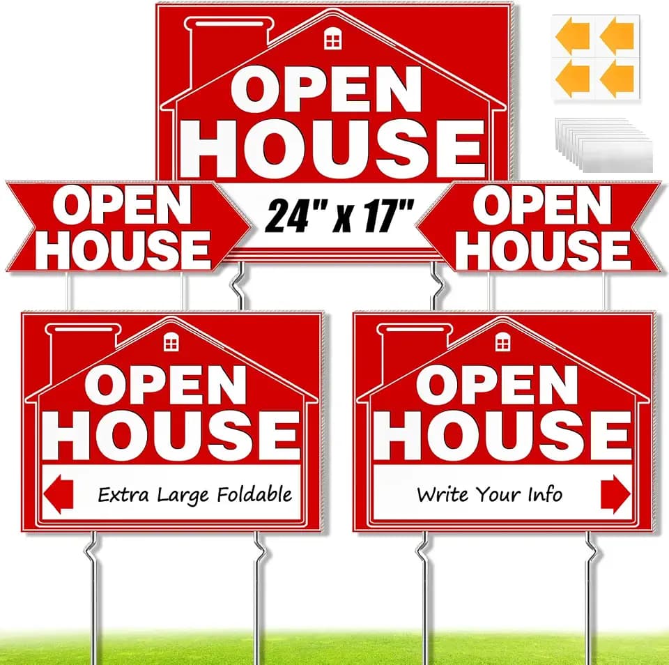 Cyrico Open House Signs for Real Estate, 3 Pcs Extra Large 24" x 17" and 2 Pcs 17" x 6" Open House Signs with Metal Stakes and Arrow Sticker, Waterproof Double Sided Yard Sign for Agents Property Sale