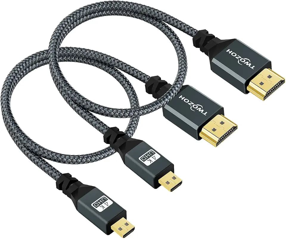 Twozoh Micro HDMI to HDMI Cable 6.6FT 2 Pack, Nylon Braided Micro HDMI Cable Support 3D/4K@60Hz 18Gbps/2160P/1080P for GoPro Hero7/8/9 Raspberry Pi 4