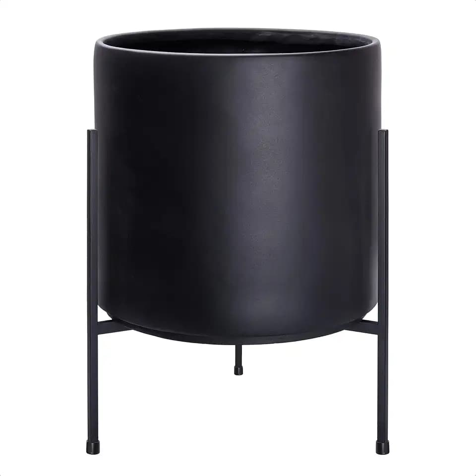 D'vine Dev Cylinder Planter Pot with Metal Stand, Black, 14 in, 96-T-B-4