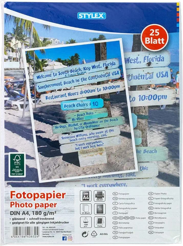 Stylex 40832 - Fotopapier, DIN A4, 25 Blatt, 180 g/m², glänzend, schnelltrocknend, geeignet für alle gängigen Inkjetdrucker