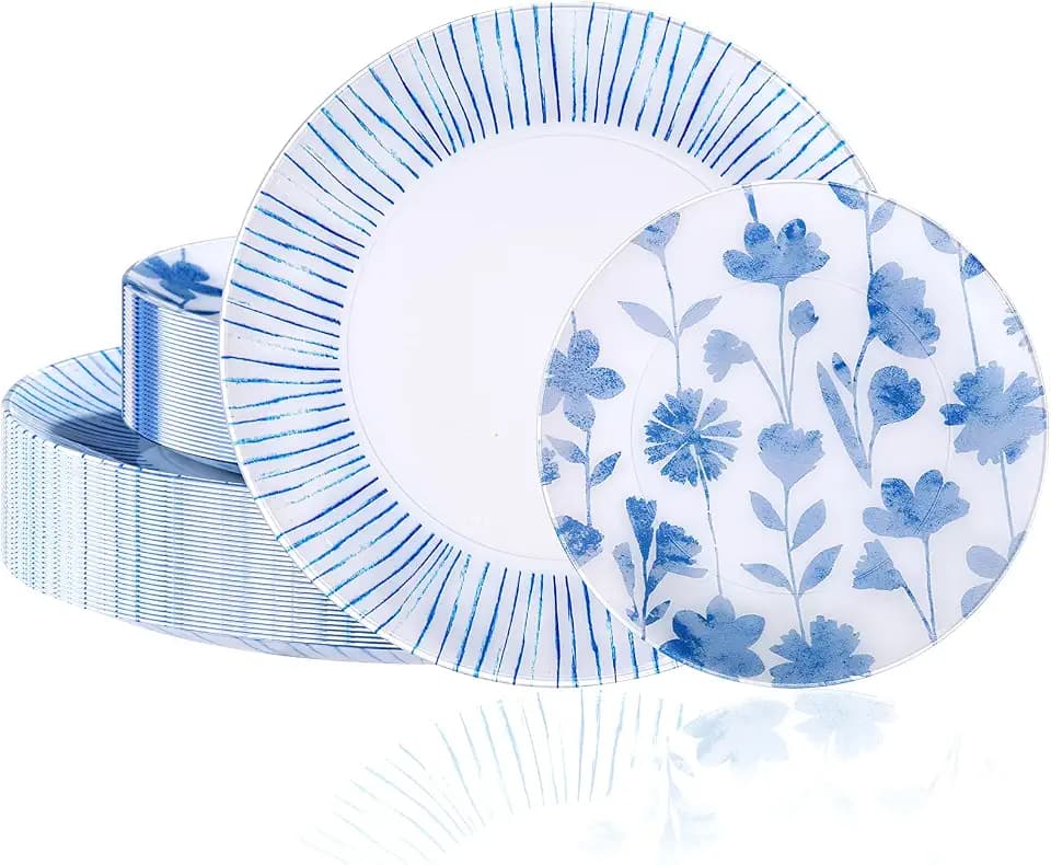 U-QE 50Pcs Blue Plastic Plates - Botanical Stripes Plates Disposable