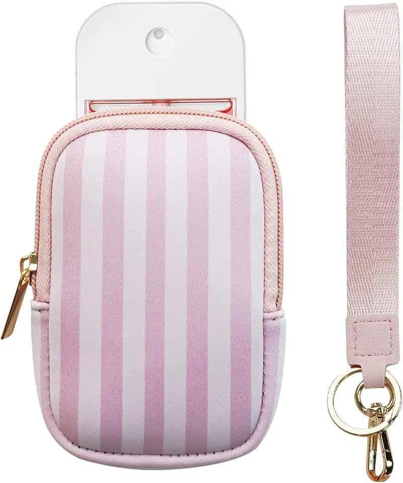 Elyndor Hand Sanitizer Spray Case, Compatible with Touchland 1 FL OZ/30 mL, Holder with Keychain for Travel Size, Makeup Bag (Pink Stripes)