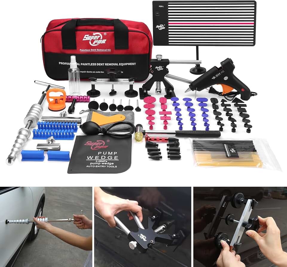 Auto Dellen Ausbeulwerkzeug Set Aufgerüstete 2 in 1 Gleithammer mit Gewinde,USB LED Wiederaufladbare Gefütterte Dellenplatte, Ausbeulwerkzeug Set Für Schäden durch Große Kleine Dellen,Hagelschäden