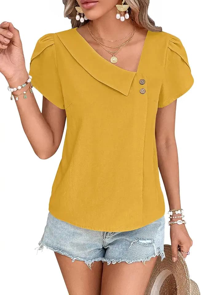 Falechay Womens Summer Tops Dressy Casual Asymmetric Neck Work Blouses