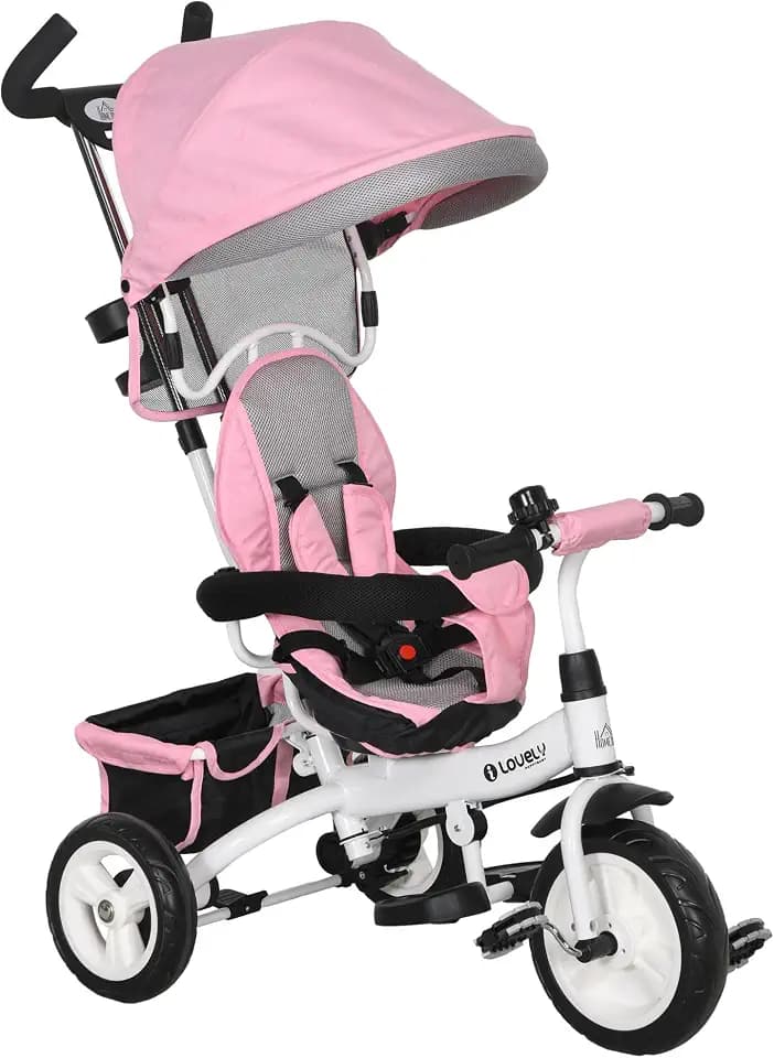 HOMCOM 6-in-1 Baby-Dreirad, skalierbar, Kinderwagen mit Schiebegriff, abnehmbarem Baldachin, 5-Punkt-Sicherheitsgurt, Aufbewahrung, Fußstütze, Bremse, für Kinder von 1 bis 5 Jahren, Rosa