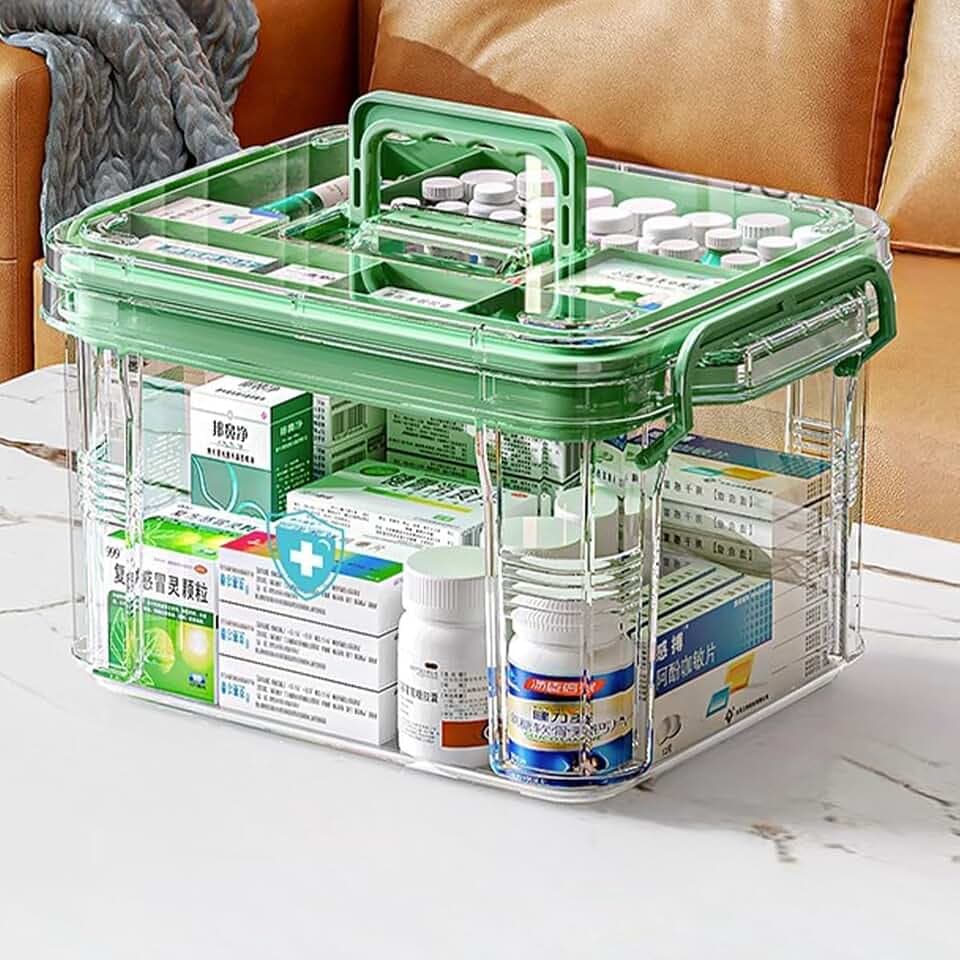 Medikamenten Aufbewahrung,Medizinbox Hausapotheke box mit Griff und herausnehmbarem Fach,Doppellagig Multifunción Aufbewahrungsbehälter Große Kapazität für Medikamente,Gadgets,Kosmetische(Grüner-S)