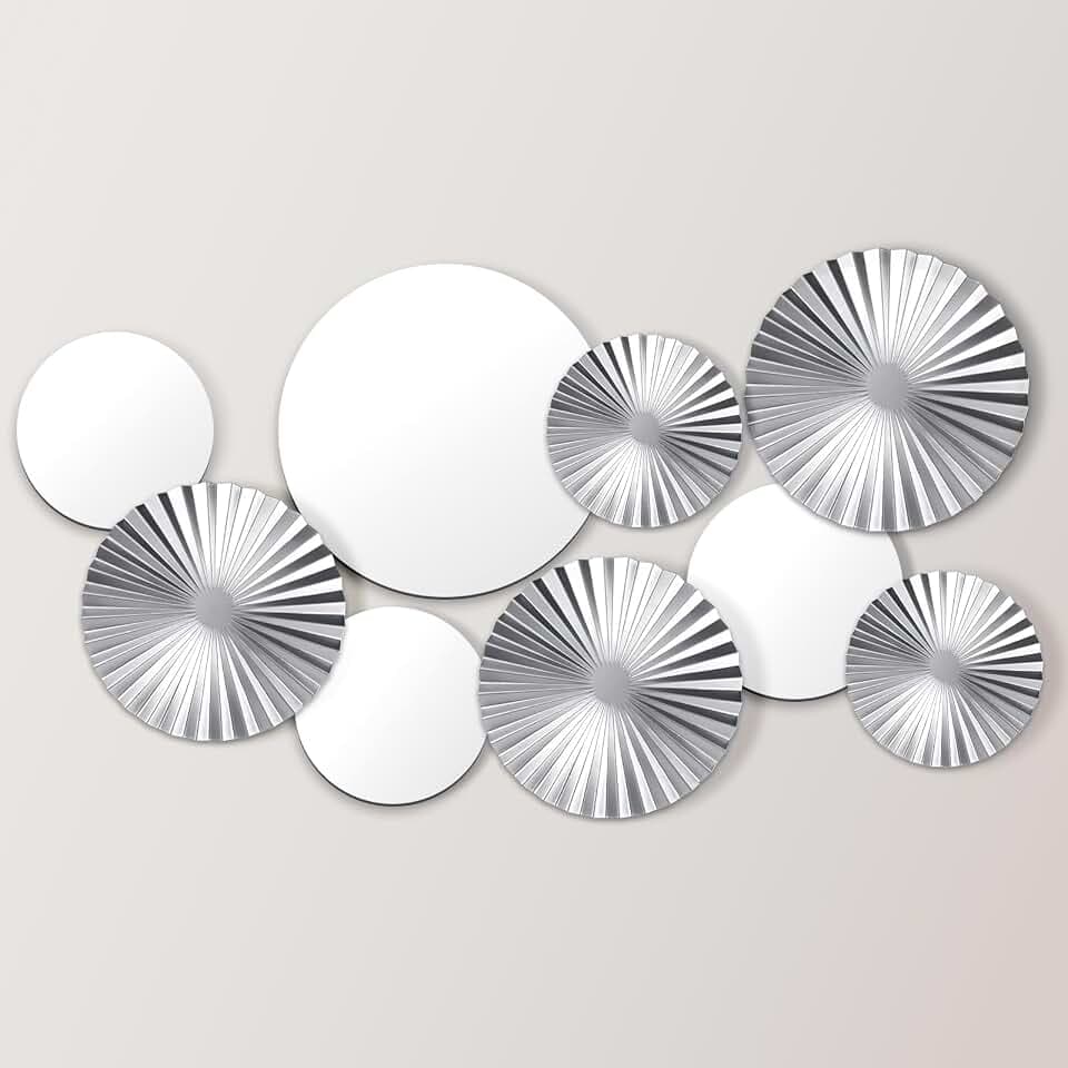 Hicarer 9 Pcs Silver Wall Decor Metal Home Decor Metal Wall Decorative Circle Plates Mirror Modern Round Accent Wall Art Sculpture Decor Hanging Decorations for Living Room Office Bedroom Kitchen