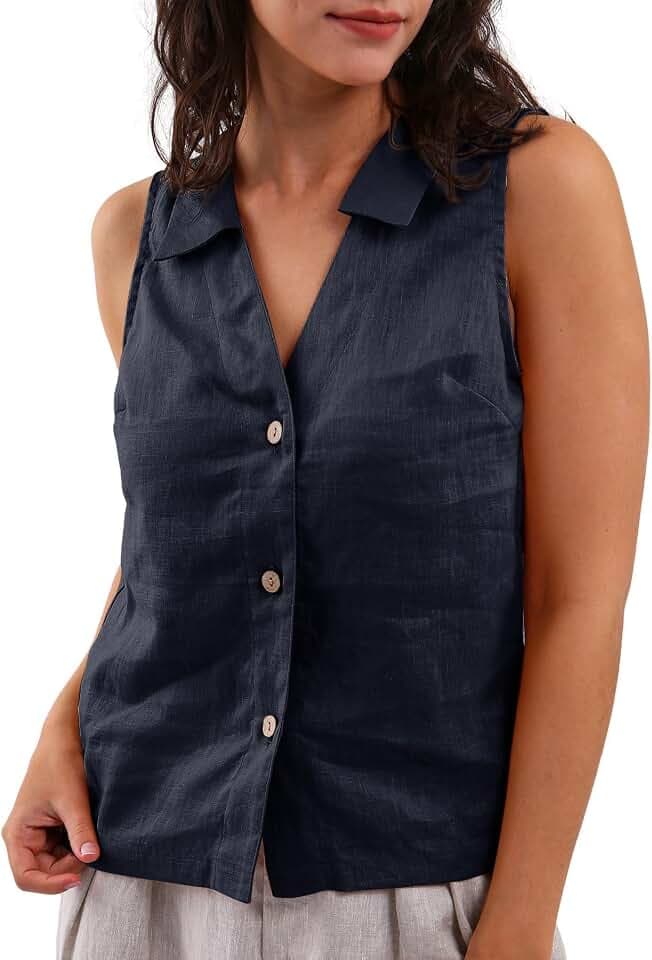 Amazhiyu Damen-Tanktop aus Leinen, Sommer, lässig, ärmellos, Knopfleiste, Tank-Top, Revers, V-Ausschnitt