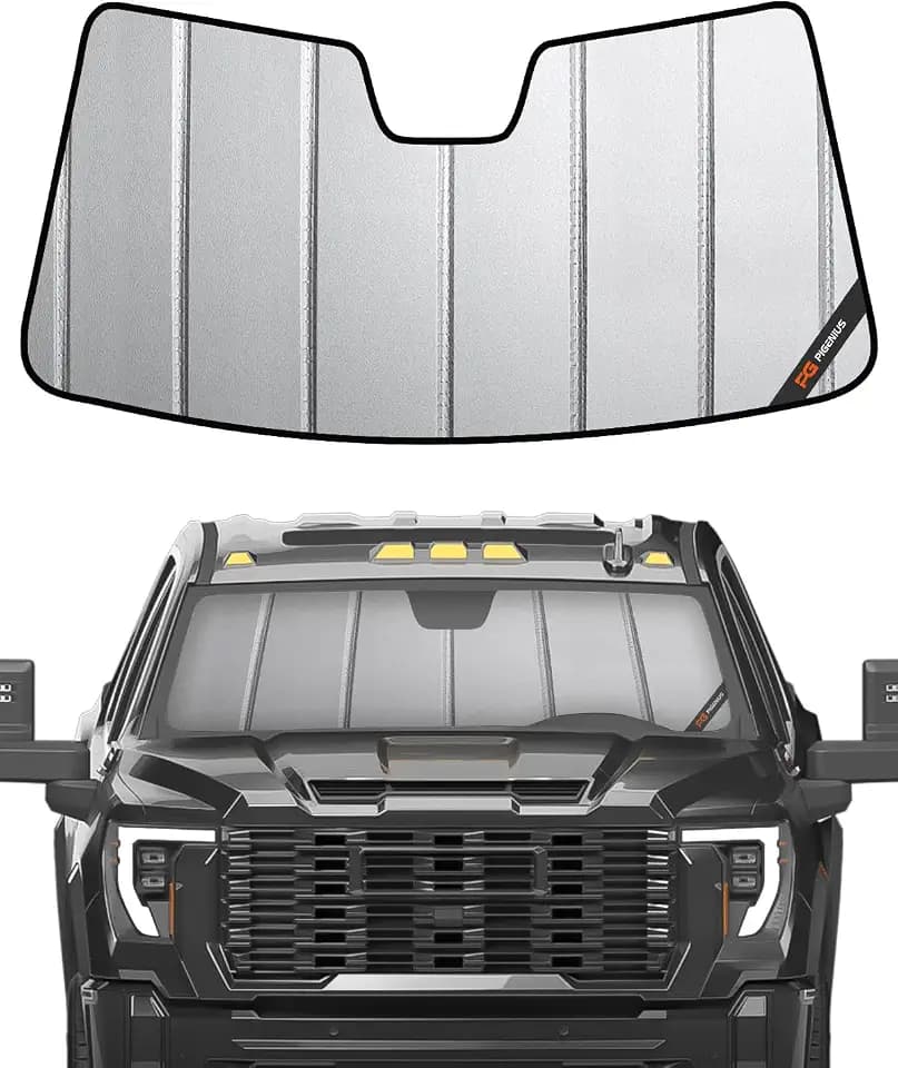 Pigenius Windshield Sun Shade for Chevy Silverado & GMC Sierra 1500/2500/3500 2019-2026 (WT, Custom, Pro Trims) - Fits All Trims 2019-2021, Non-HUD Models Only, Premium Grey Leather Finish