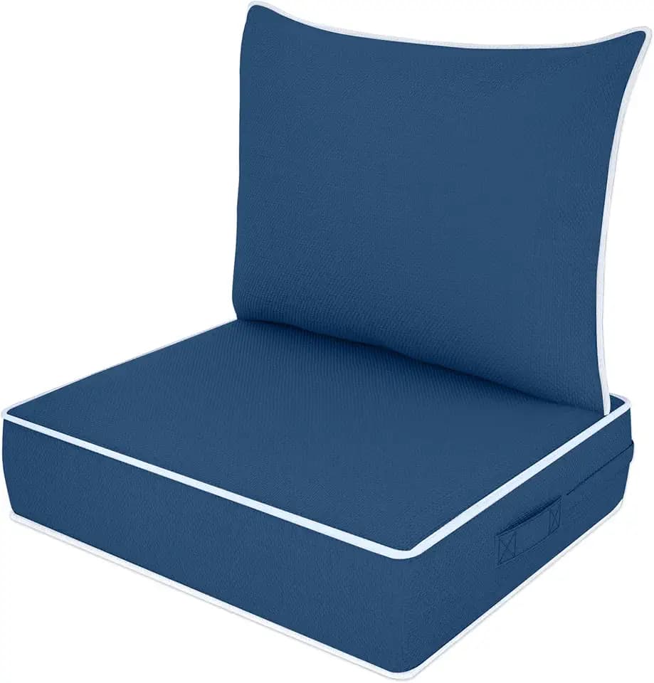 Outdoor Deep Seat Cushion Set, Fade Resistant Patio Chair Cushions, 24x24x6 Inch Patio Sofa Furniture Pad with Removable Cushion Covers (Navy Blue+White Side, 24''Lx24''Wx6''H-1pcs Set)