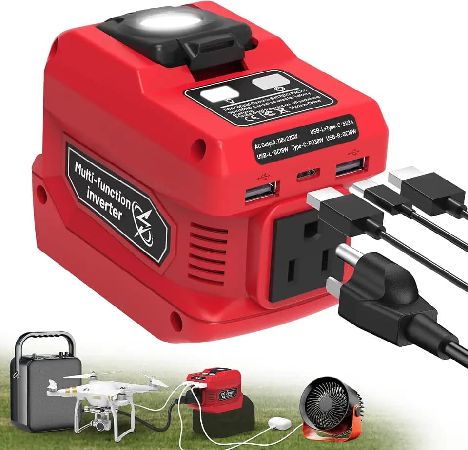 220W Power Inverter Compatible with Milwaukee 18V Battery, DC 18V to AC 110V Battery Inverter, Power Station Generator with 1 AC Outlet, 2 USB Ports & 1 Type-C Fast Charging, 400LM LED Work Light