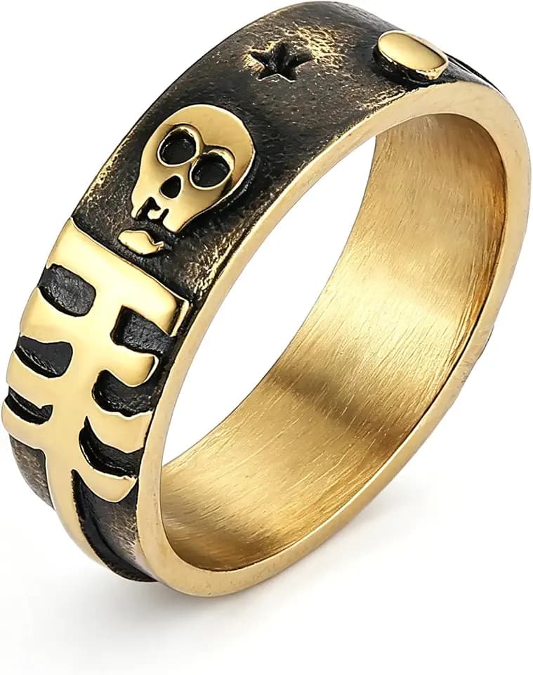 HZMAN Skull Cross Star Ring for Men Women, Stainless Steel Gothic Punk Statement Band, Silver & Gold Two-Tone Options, Sizes 7-13, Biker Rock Jewelry Gift