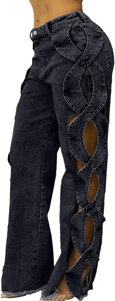 Geulis Women High Waisted Jeans Y2k Trendy Sexy Hollow Out Wide Straight Leg Cutout Baggy Jeans Grey