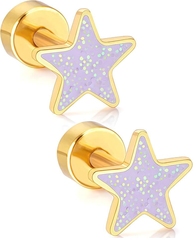 Hypoallergenic Screw Back Earrings for GirIs Women, 14K Gold-plated Star Heart Surgical Steel Stud Earrings Flat Back Earrings Hypoallergenic for Sensitive Ears Screw on Back Earring Jewelry Gift