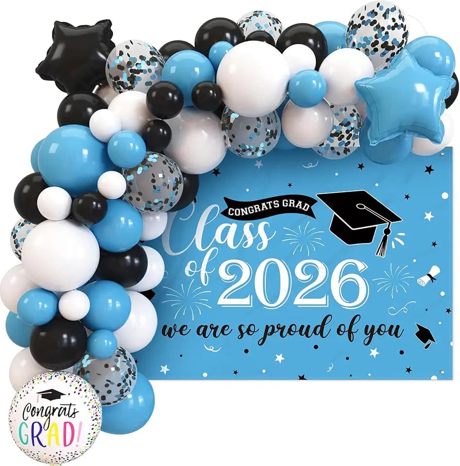 Vansolinne Light Blue Graduation Photo Backdrop Banner Balloons Garland