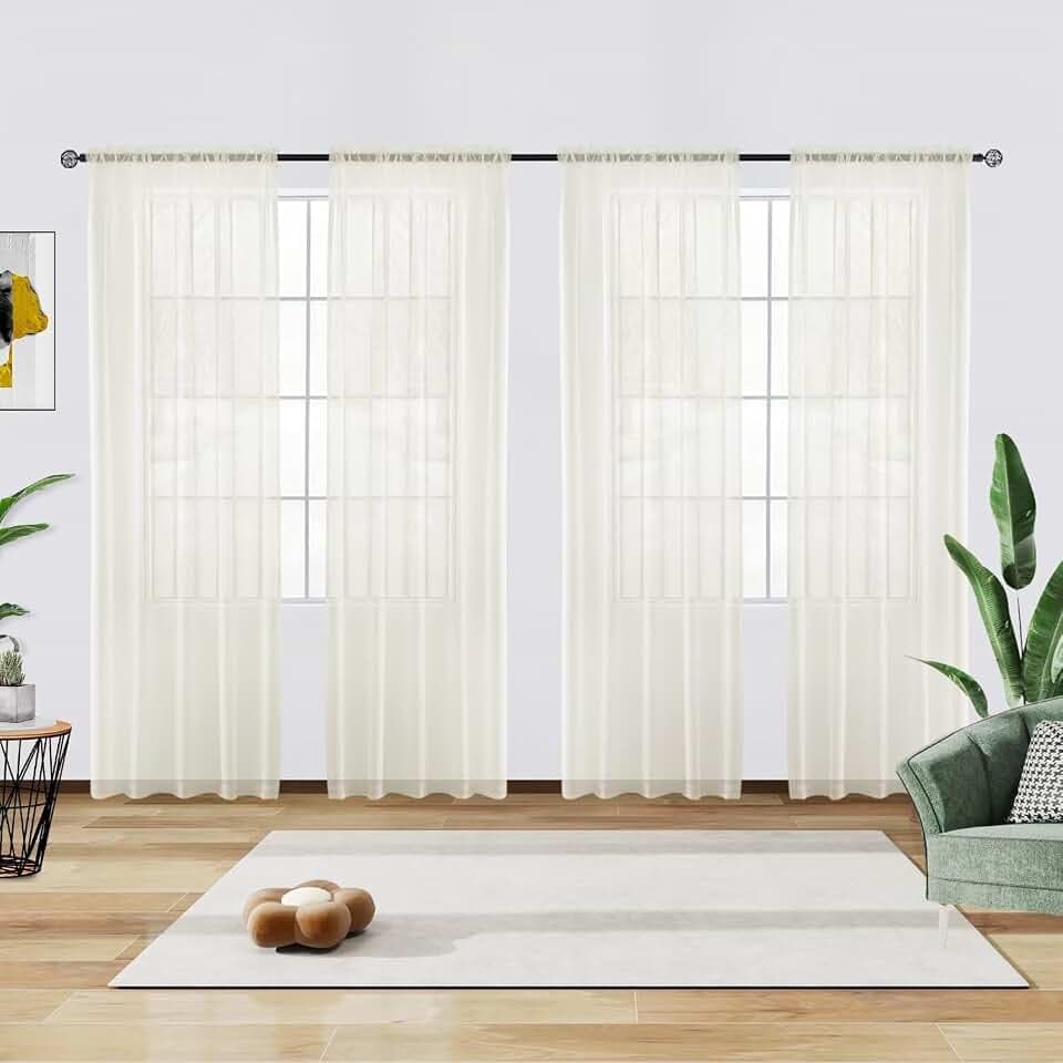 youleyar Solid Sheer Rod Pocket Curtain Voile Draperies 4 Panels Ivory Beige Black Grey Coffee 52 Inch Width 108 Inch Long 1 Pair for Kitchen Bedroom Children Living Room Yard(Ivory,52Wx108L)