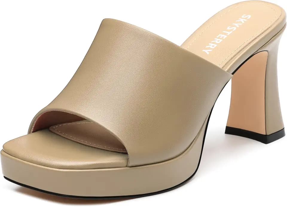 SKYSTERRY Women’s Platform Heeled Mules High Chunky Block Heeled Sandals Square Open Toe Slip On Heels Comfortable Wedding Party Prom Summer Heeled Slides 3.2 Inch