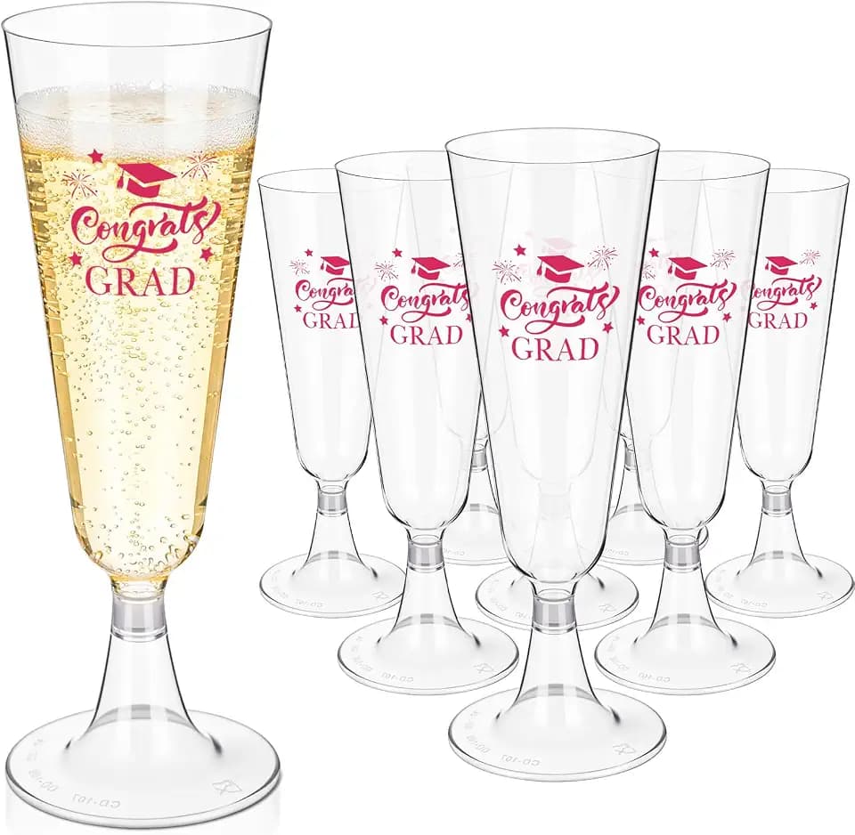 Domensi 24pcs 5 oz Plastic Graduation Champagne Flutes 2026 Congrats Grad Cups Disposable Shatterproof Cocktail Mimosa Glasses for Graduation Prom Party Favor(Red)