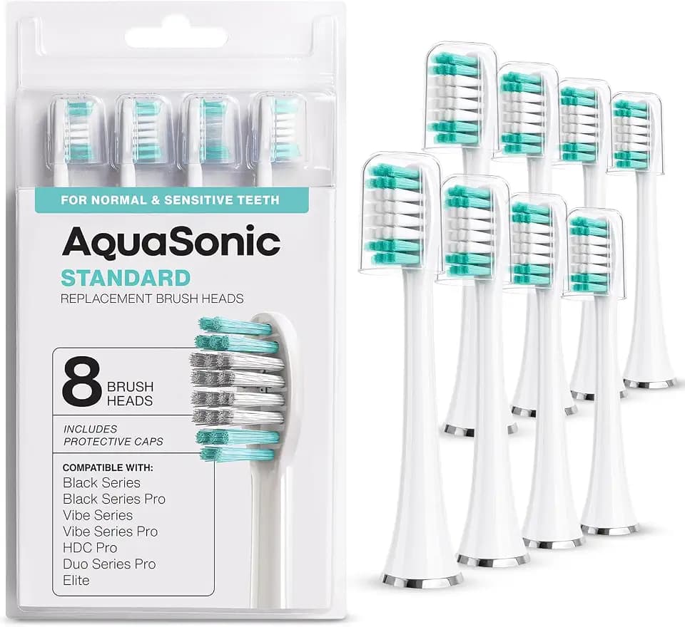 AquaSonic Genuine Standard Replacement Brush Heads, White, 8 Pack