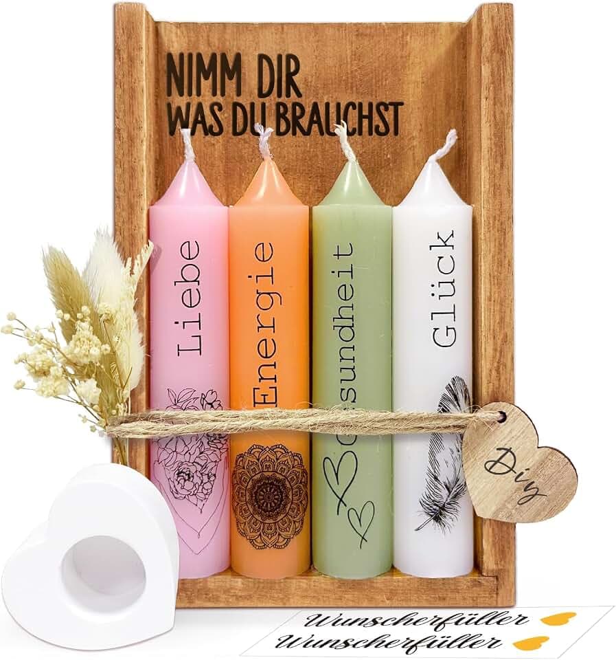 Kerzenset mit Kerzenständer, Geschenke für Frauen, Geschenke für Freundin Schwester zum Geburtstag, Nimm dir was du brauchst Kerzen, Kerzen Deko Geschenkidee mit Holzbox Trockenblumen