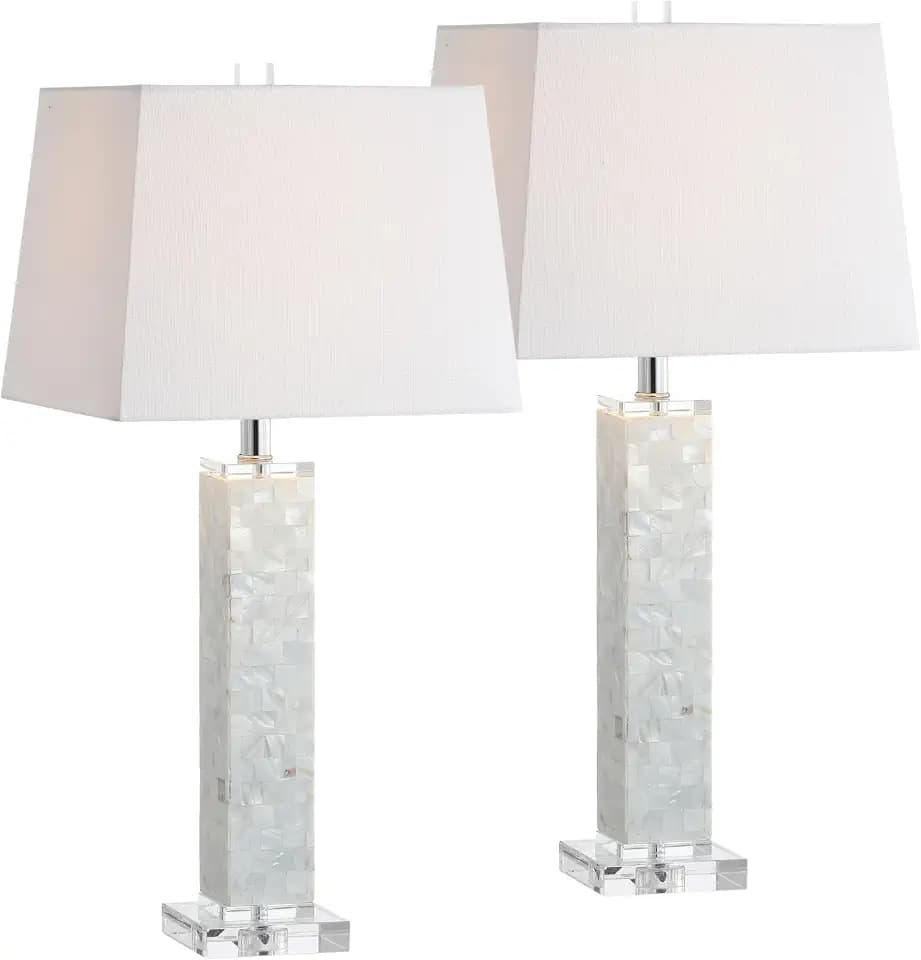 JONATHAN Y Noelle 28.5" Seashell Mosaic Pillar Table Lamp, White, Set of 2